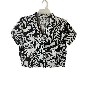 Rachel Zoe Womens Medium Black White Tropical 100% Linen Short Sleeve Camp Shirt